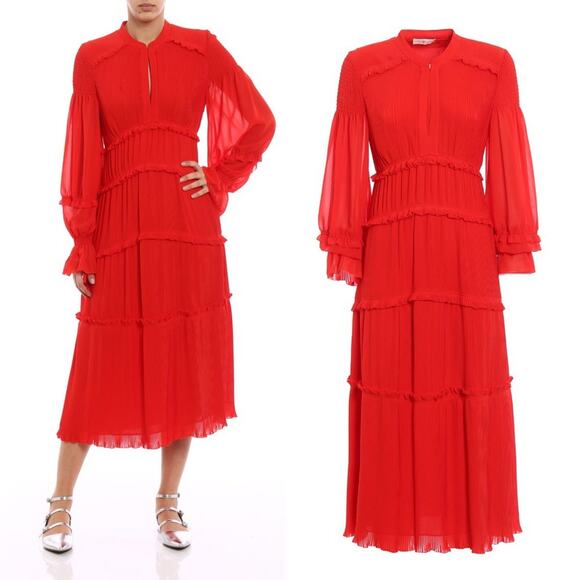 Tory Burch Stella Pleated Ruffle Chiffon Maxi Dress in Red Size 0 New With Tag - Picture 4 of 13
